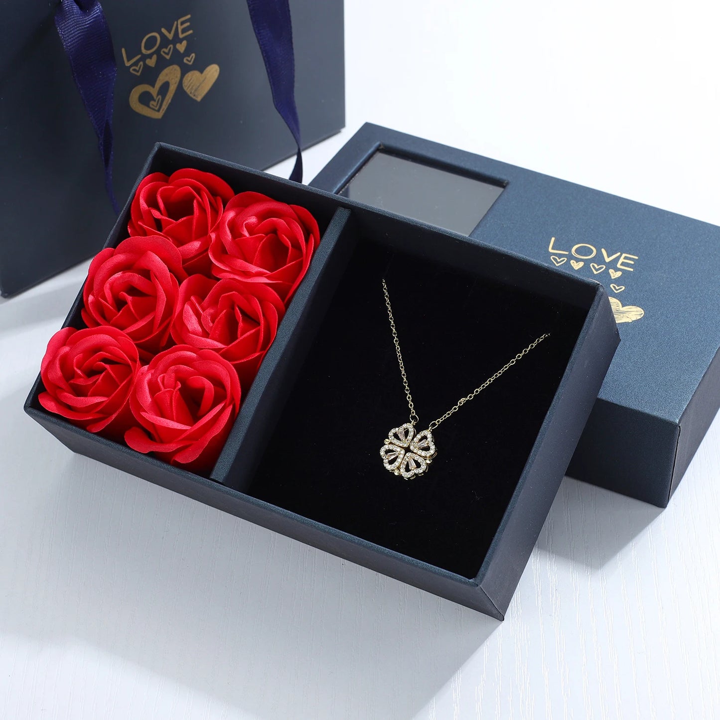 Four-Heart Clover Necklace With Eternal Rose Box