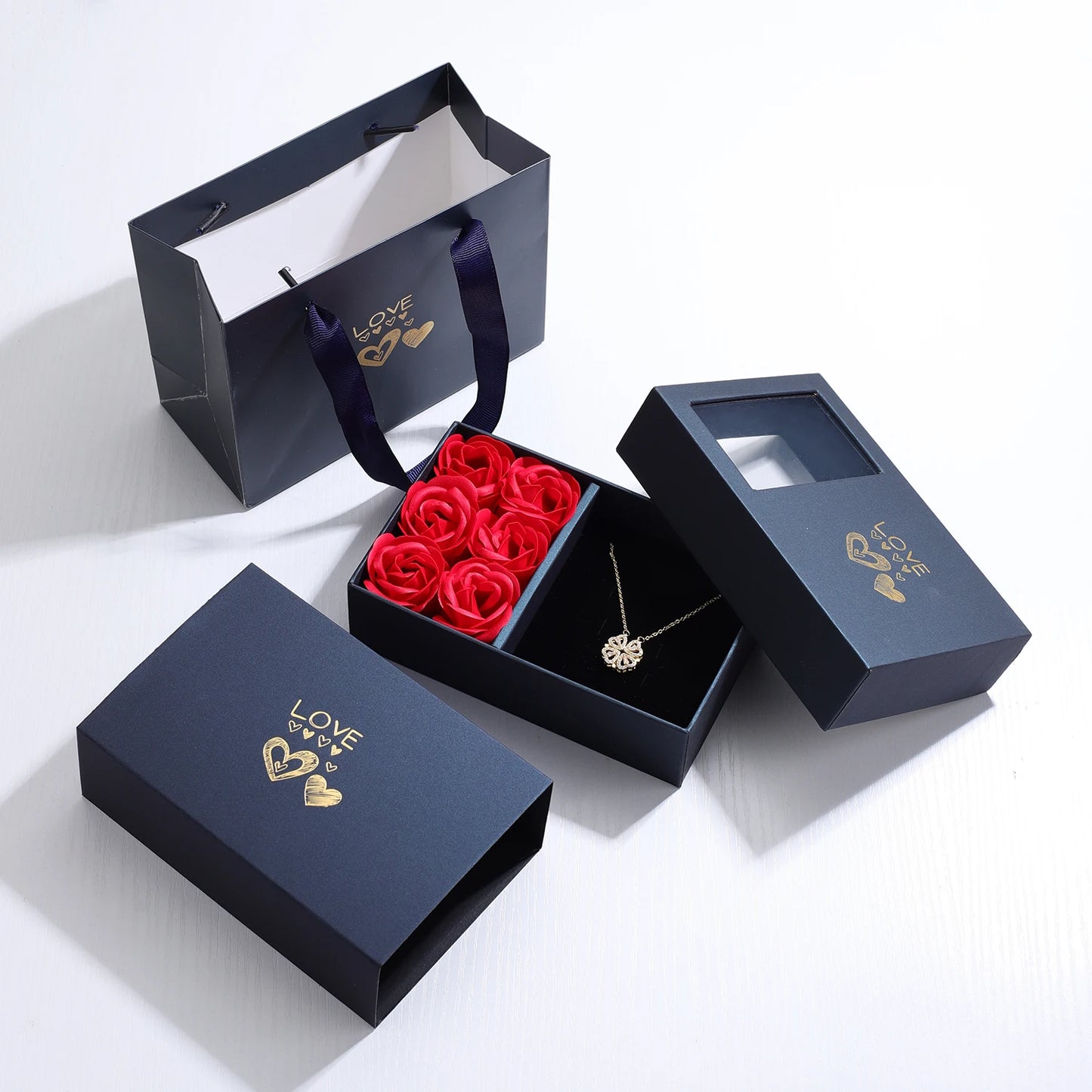 Four-Heart Clover Necklace With Eternal Rose Box